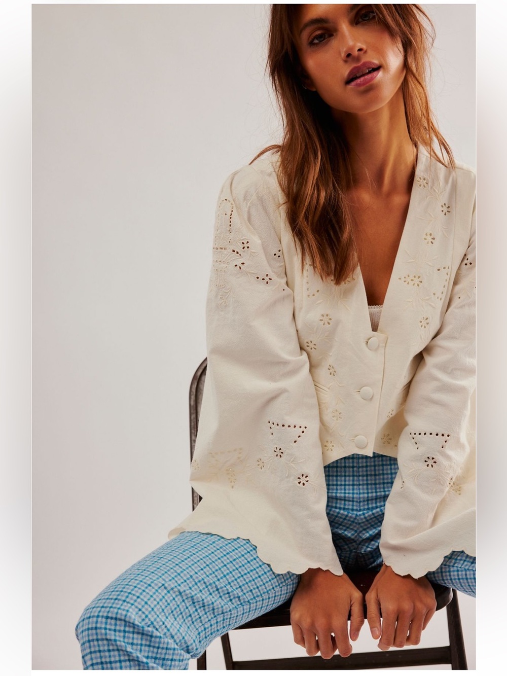 Free People White Ivory Eyelet Wild Daisy Jacket Top Size Large Coquette Girl